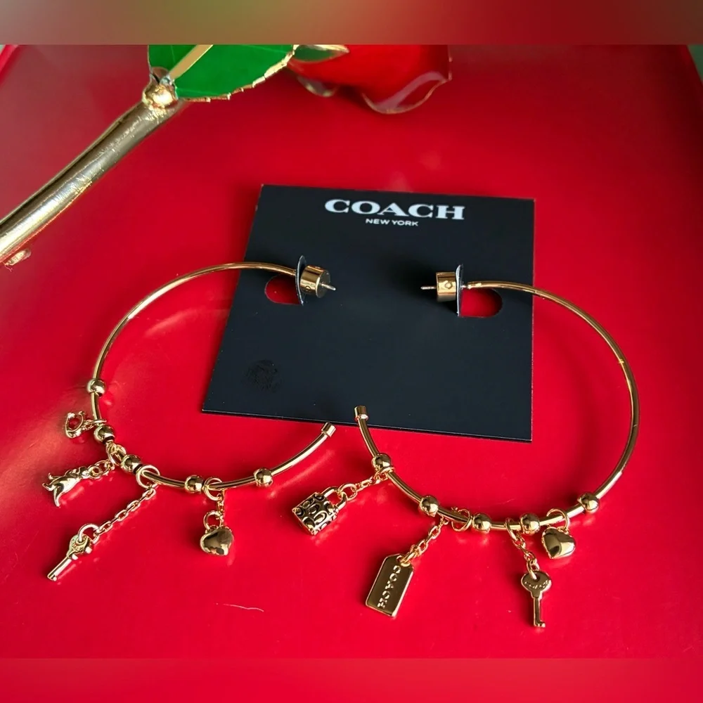 COACH Earrings,Coach Gold Hoop Earrings with Charms - Picture 4 of 11